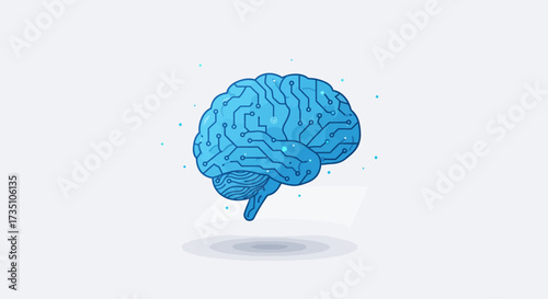 A blue brain graphic floats above a light grey surface with a soft pixelated shadow