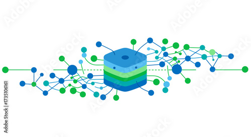 A blue and green layered cubelike structure is surrounded by connected dots and lines