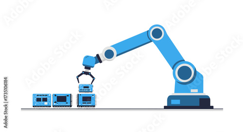 A blue robotic arm stacks computer chips on a gray surface