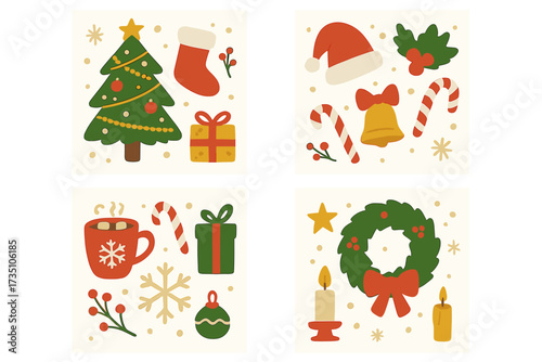 Christmas hand drawn vector illustration set. Festive holiday symbols collection for cards and banners. Flat cartoon design elements like tree, gift, wreath, stocking, and candy cane.