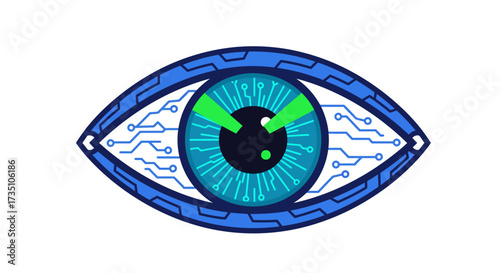 A blue robotic eye illustration with circuit patterns and a black pupil with green features
