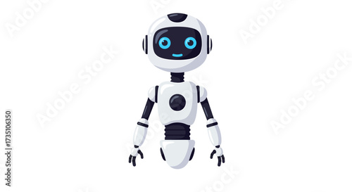 A cartoon robot stands white with black trim featuring blue eyes and a simple smile