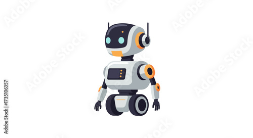 A cartoon robot with a black head and white body stands centered on a white background