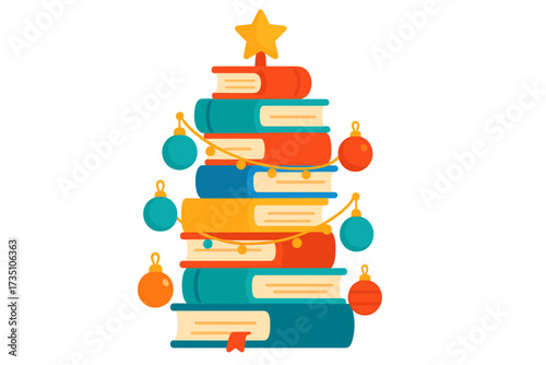 Christmas tree made of colorful books. Xmas book stack with garland and star. Holiday library or bookstore decoration. Reading, literature, education concept. Vector flat design.