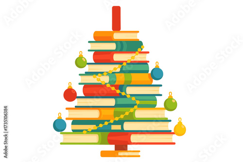 Book Christmas tree vector. Stack of colorful books with holiday garland and ornaments. Concept for bookstore, library, education, reading, literature lover, literary gift.