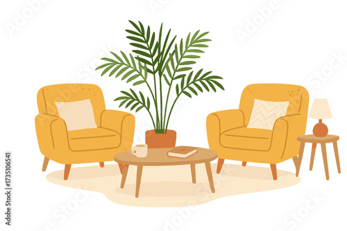 Cozy living room interior with two yellow armchairs, house plant, and coffee table. Comfortable home furniture in scandinavian style. Hygge concept vector illustration.