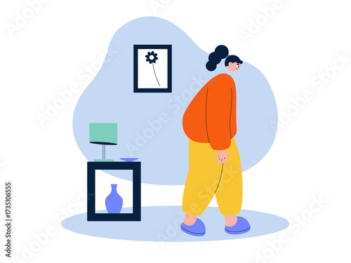 Woman walking lazily inside the house. Laziness illustration. Flat vector illustration.