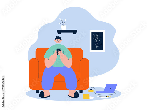 Playing smartphone without cleaning up messy things and scattered food. Laziness illustration. Flat vector illustration.