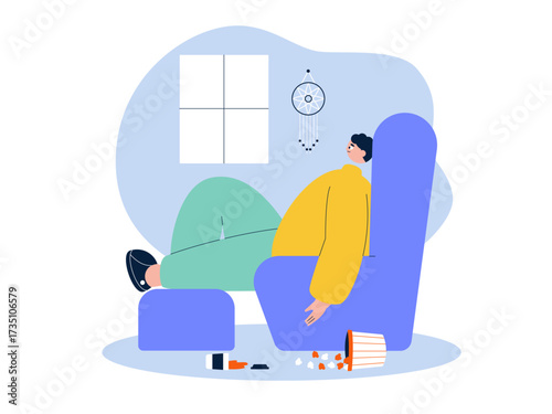 Daydreaming and letting food and drinks spill. Laziness illustration. Flat vector illustration.