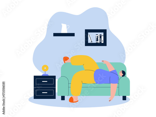 Young boy sleeping in a relaxed position on the sofa. Laziness illustration. Flat vector illustration.