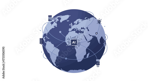 A globe depicts continents linked to AI tech icons via lines emphasizing interconnected digital networks