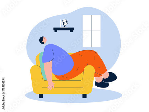 Man sleeping on narrow sofa with open mouth. Laziness illustration. Flat vector illustration.