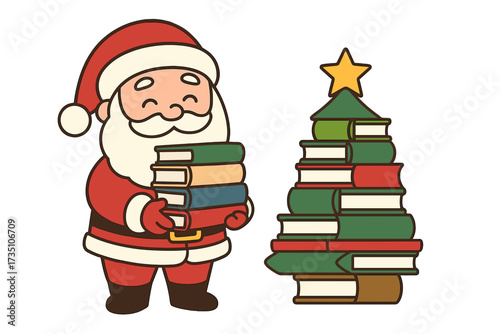 Cute Santa Claus holds books near a Christmas tree made of books. Xmas concept for education, library, bookstore, reading lovers. New Year greeting flat vector cartoon.