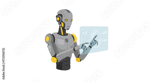 A gray robot with yellow accents interacts with a translucent digital screen