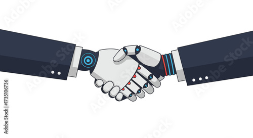 A handshake between a person and a robot both wearing suit jackets