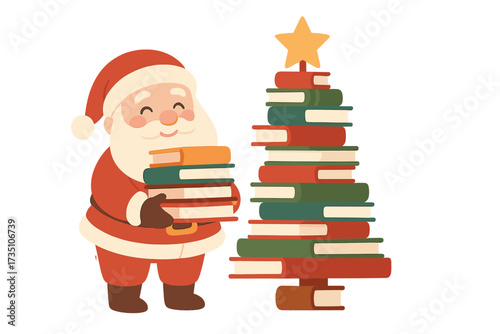 Cute Santa Claus holds books near a Christmas tree made from books. Vector for education, library, bookstore. Holiday reading, knowledge gift. Xmas greeting card concept.
