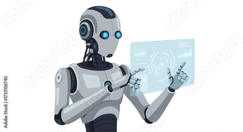A gray robot with glowing blue eyes interacts with a light blue transparent display screen