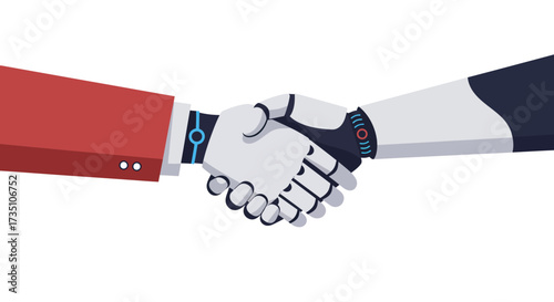 A handshake between a redsuited human and a robot with white and dark blue arms