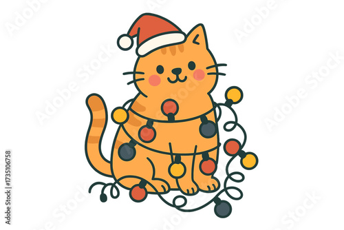 Cute funny Christmas cat tangled in string lights garland. Festive ginger pet in Santa hat. Holiday character vector cartoon illustration for greeting card or sticker design.