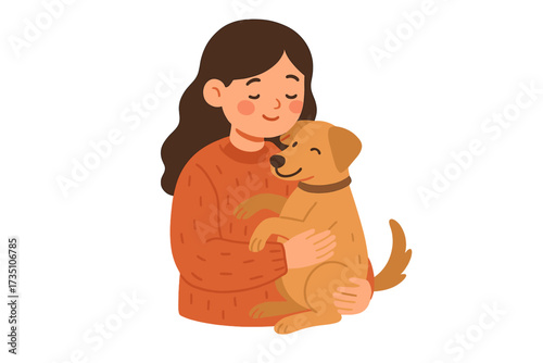 Cute girl hugging her dog. Young woman embracing happy puppy. Pet owner love and friendship concept. Female cartoon character with animal companion. Flat vector illustration.