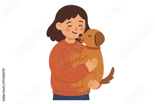 Cute young girl hugging her dog. Happy woman embracing puppy. Concept of pet owner love, friendship, and animal care. Flat vector cartoon illustration on transparent background.