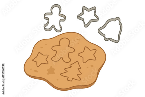 The process of making Christmas cookies. Rolled gingerbread dough with holiday cookie cutters like gingerbread man, star, and bell. Festive baking vector illustration.