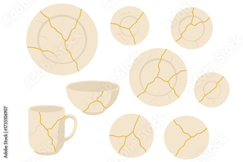 Kintsugi dish set vector illustration. Broken and repaired pottery with golden cracks. Japanese art of kintsukuroi. Ceramic plate, bowl, mug with marble texture. Wabi-sabi.