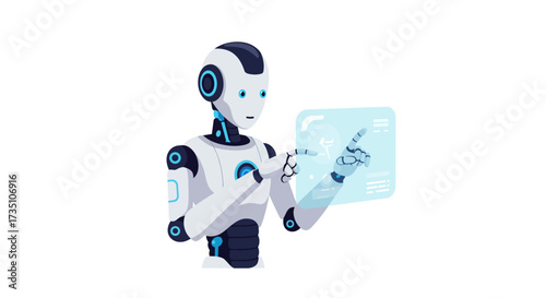 A robot with a white and blue design touches a translucent display