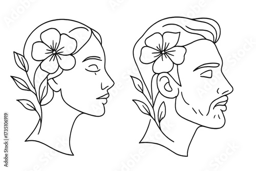 Man and woman face profile in one line art style. Continuous line drawing of couple with floral botanical decor. Minimalist vector for beauty, logo, spa, wellness.