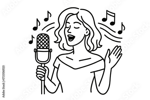 Woman singing with retro microphone. Jazz club singer vector icon. Female vocalist at concert. Karaoke party nightlife concept. Pop music star performing. Sound, melody, song symbol.