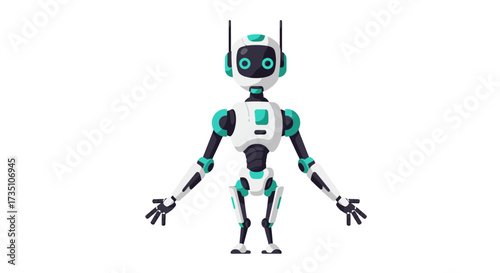 A robot with white  teal body black limbs two antennae stands against a white background
