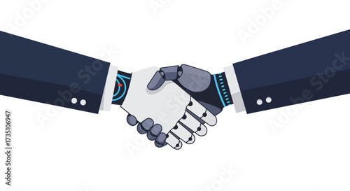 A robotic arm and human arm in a suit shaking hands