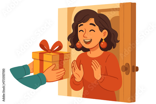 Happy woman receiving a surprise gift box from a courier at her door. Female character getting a present. Concept for online order, express home delivery, Christmas, birthday. Vector.