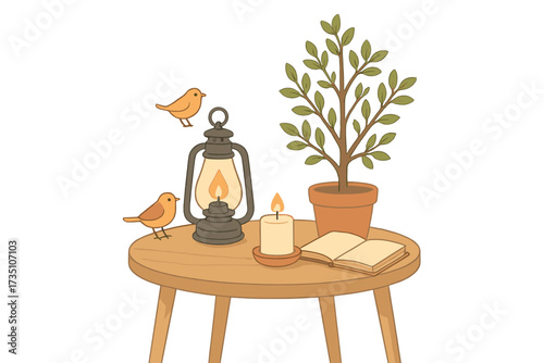 Cozy hygge Scandinavian style composition. Relaxing evening with a book. Round table with vintage lantern, candle, potted plant, and cute birds. Home decor illustration.