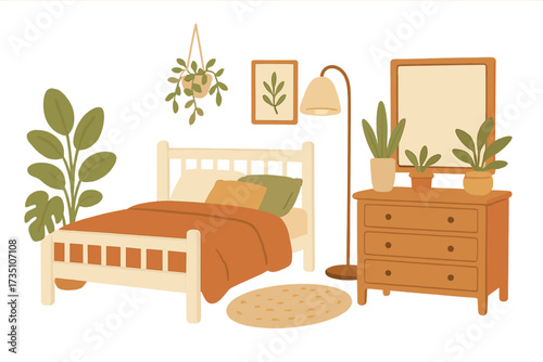 Cozy Scandinavian bedroom interior with furniture. Vector illustration set of a modern hygge room with bed, dresser, mirror, lamp, and houseplants. Flat cartoon home decor concept.
