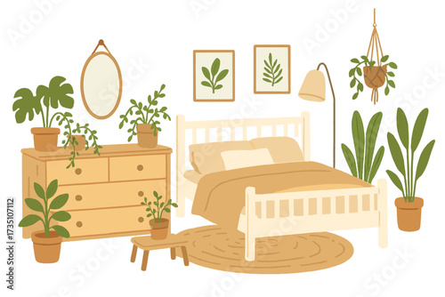 Cozy Scandinavian bedroom interior with home plants. Hygge home decor concept. Modern furniture, wooden bed, dresser. Boho living space with mirror. Flat cartoon vector illustration.
