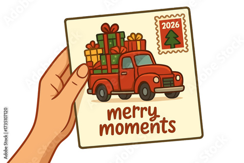 Hand holding Christmas postcard with red retro pickup truck delivering gifts. New Year 2026 greeting card with stamp and merry moments lettering. Xmas holiday mail vector.