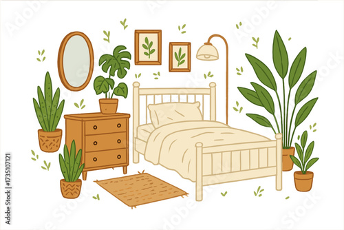 Cozy Scandinavian bedroom interior with wooden bed, chest of drawers, and home plants. Flat cartoon vector illustration. Hygge home comfort, urban jungle room decor concept.