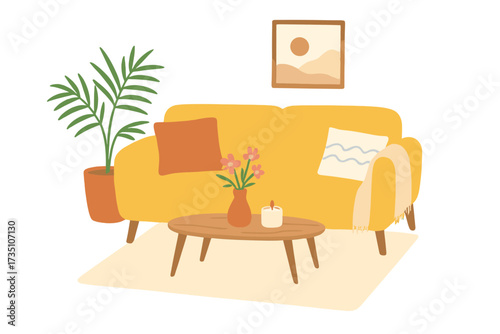 Cozy Scandinavian style living room. Hygge home interior with yellow sofa, coffee table, plant, and decor. Comfortable modern apartment furniture concept. Isolated flat vector.