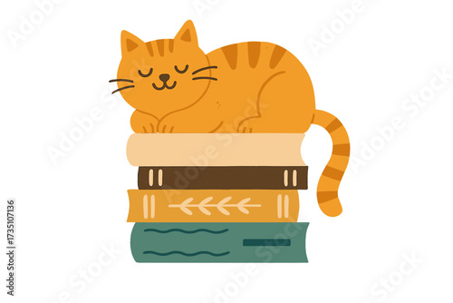 Cute cat sleeping on a book stack. Funny bookworm kitten character. Concept for reading, education, library, book lover. Scandinavian style flat vector illustration for kids print.
