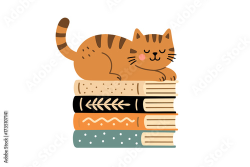 Cute cat on book stack. Book lover concept. Funny ginger kitten sleeping on books. Scandinavian flat design. Vector illustration for children's print, library, education.