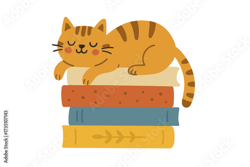 Cute cartoon cat sleeping on a book stack. Book lover concept with a funny ginger kitten. Vector graphic for education, library, and learning. Adorable pet animal illustration.