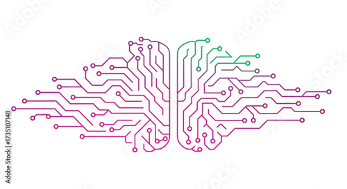 A stylized brain illustration with circuitrylike lines in shades of magenta and green on a white background