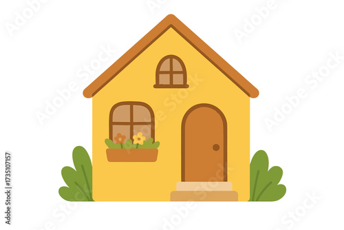 Sweet home concept with a cute cartoon house. Simple yellow building vector illustration. Icon for real estate, property, mortgage, neighborhood, family life, domestic comfort.