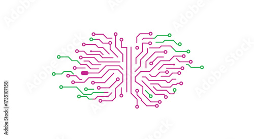 A stylized brain depiction using interconnected pink  green circuitry on a white background