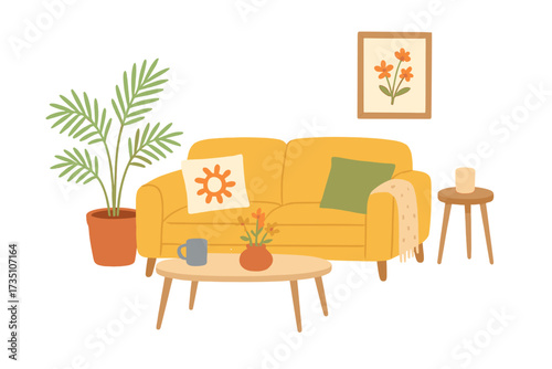 Cozy living room interior. Hand-drawn modern home furniture illustration. Yellow sofa, coffee table, houseplant. Scandinavian hygge style concept. Isolated vector for home decor.