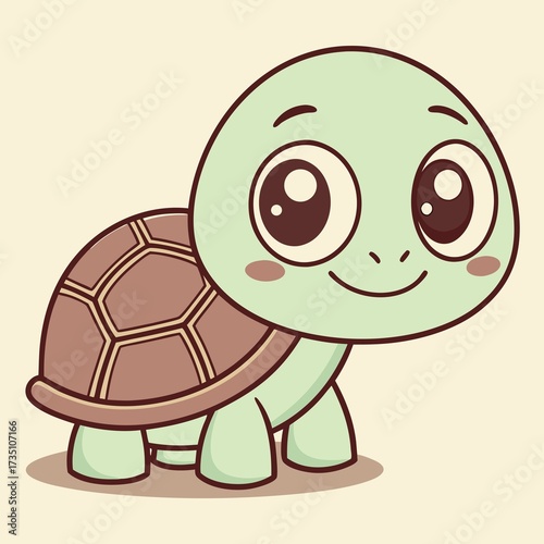 Adorable Cartoon Turtle Illustration with Big Eyes and a Cheerful Smile Depicted on a Light Beige Background