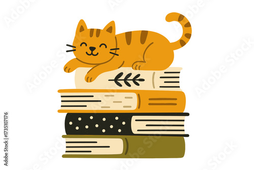 Cute ginger cat on book stack. Book lover concept for library or bookstore. Funny pet sleeping on books. Scandinavian flat design vector illustration for children's print.