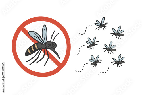 Dead mosquito in red warning sign. Pest control concept illustration. Flock of flying gnats. Insect repellent symbol for spray, oil, patches ad. Anti-mosquito vector icon.