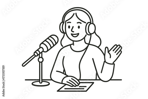 Podcast presenter woman recording audio in studio. Female radio host, vlogger or streamer with headphones, microphone for broadcast, interview or webinar. Line art vector.